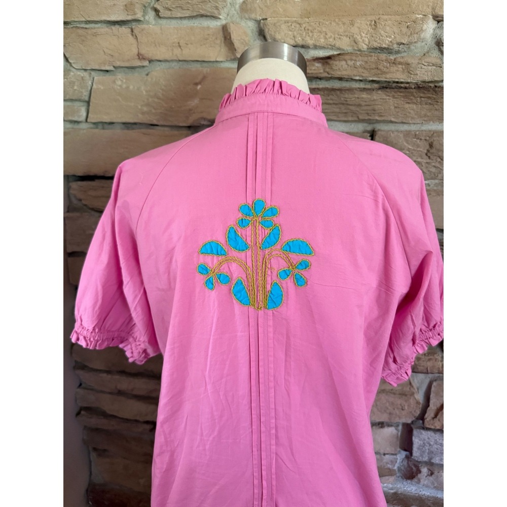 Uncle Frank Pink Embroidered Cotton Shift Dress Ruffle Neck Pintuck Small - Picture 7 of 10